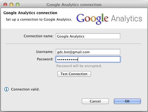 Google Analytics connection dialog