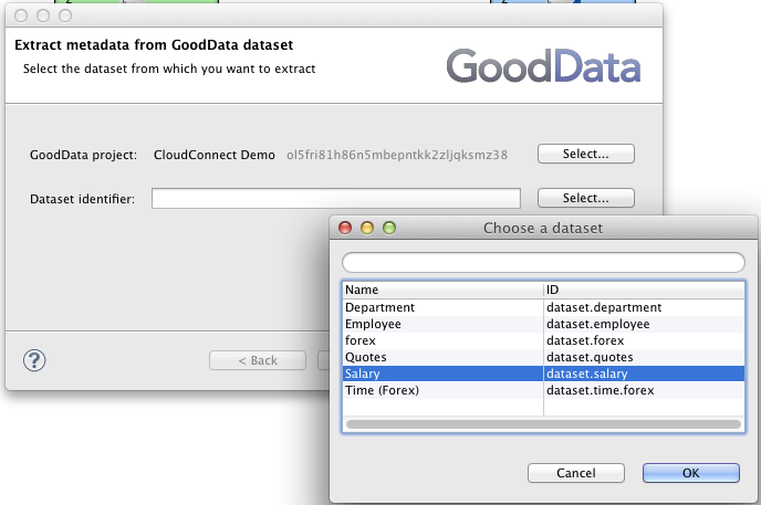 Selecting Dataset in the GoodData metadata wizard